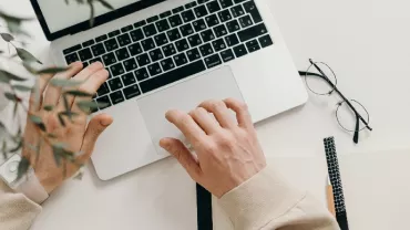 Person using a laptop on a desk with a notebook, pencil, glasses, and a plant nearby.