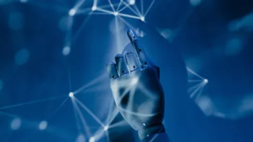 Robotic hand pointing amidst glowing network lines on a blue background.